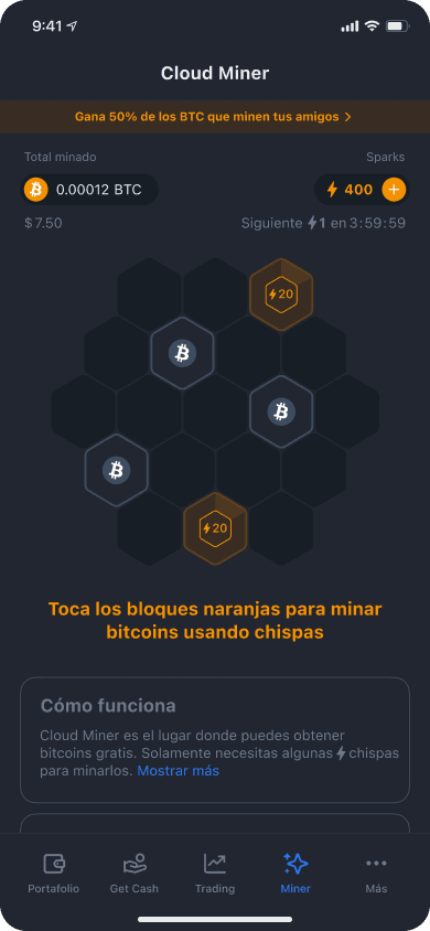 Pantalla de activación de un bloque en la app de YouHodler Cloud Miner