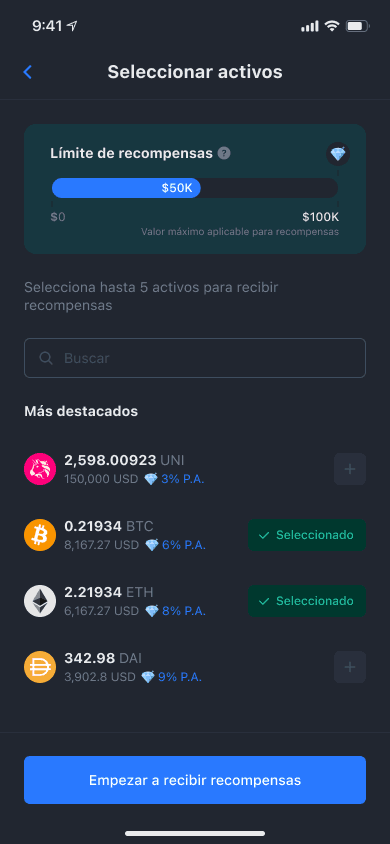 Pantalla de depósito de criptomonedas en la cuenta de recompensas de YouHodler