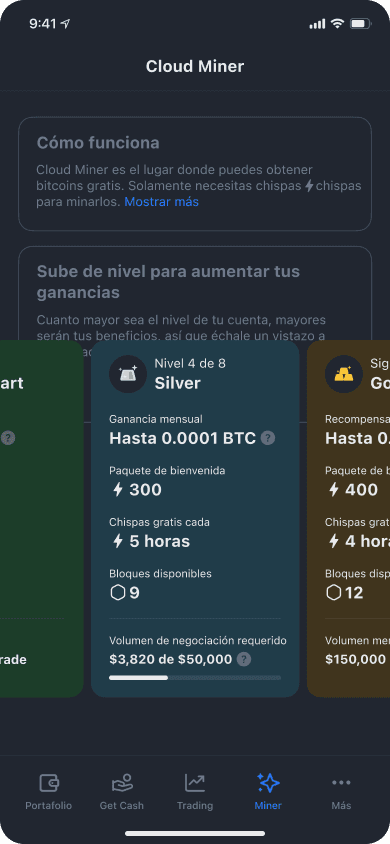Pantalla de niveles y mejoras del programa de fidelidad Cloud Miner de YouHodler