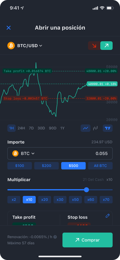 Pantalla de la app de YouHodler para abrir una posición eligiendo billetera, monto y multiplicador