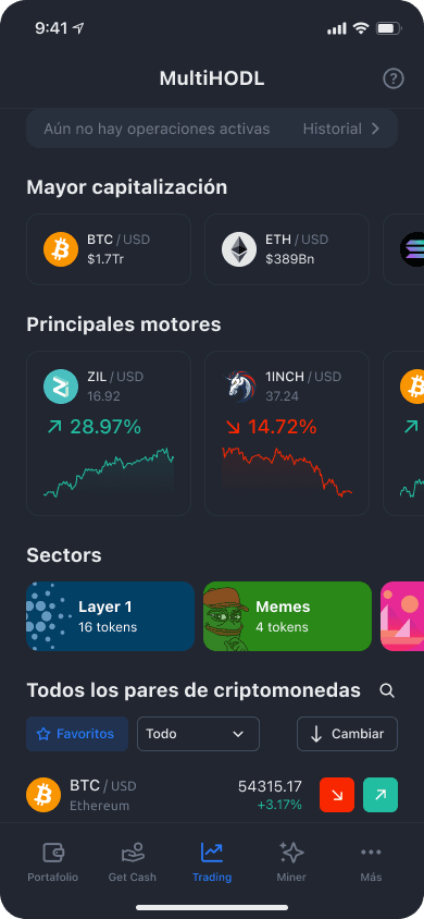 Pantalla de la app de YouHodler para seleccionar el par BTC/USDT en MultiHODL