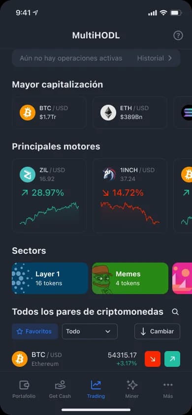 Pantalla de la app de YouHodler para seleccionar el par BTC/USDT en MultiHODL