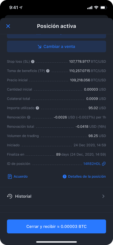 Pantalla de la app de YouHodler mostrando los niveles de take profit y stop loss de una posición