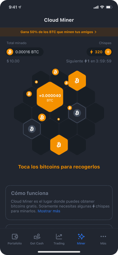 Pantalla para reclamar tu recompensa en Bitcoin en la app de YouHodler Cloud Miner