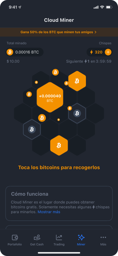 Pantalla para reclamar recompensas en Bitcoin en la app de YouHodler Cloud Miner