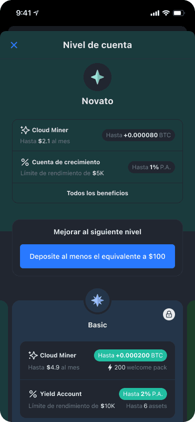 Pantalla del nivel de cuenta en la app de YouHodler