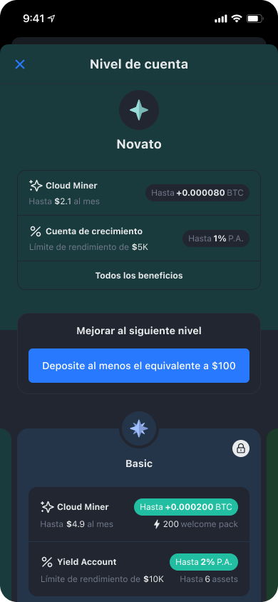 Pantalla del nivel de cuenta en la app de YouHodler