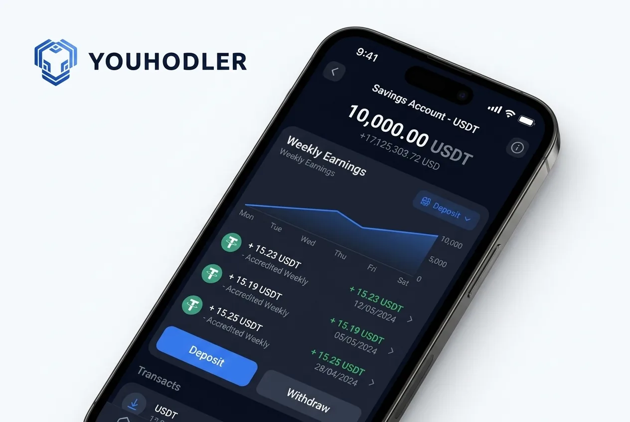 Pantalla de la cuenta Yield de YouHodler mostrando el saldo en USDT y los rendimientos acreditados semanalmente.