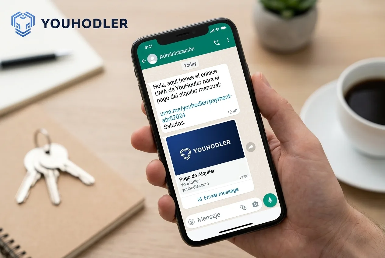 Pantalla de teléfono mostrando un enlace UMA de YouHodler enviado por WhatsApp para el pago del alquiler mensual