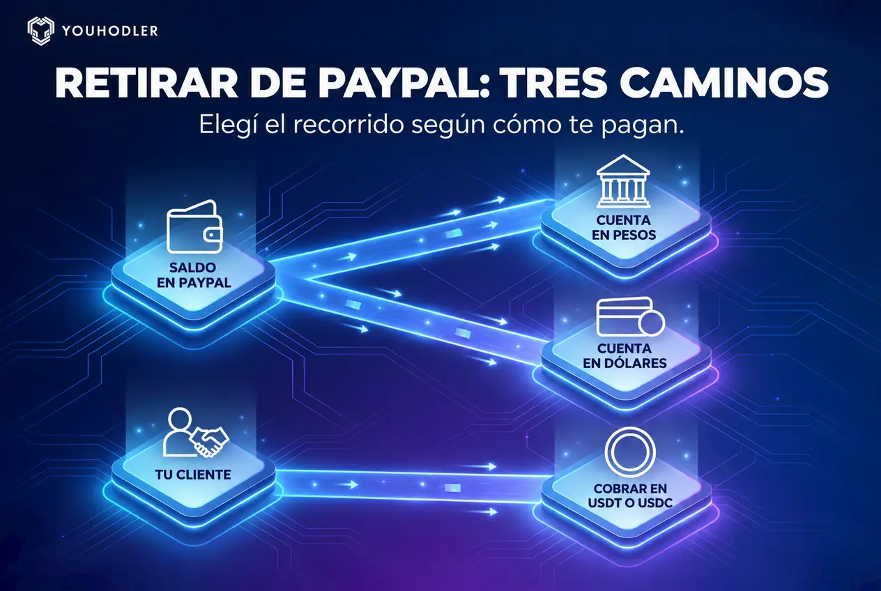 Tres caminos: retirar el saldo de PayPal a una cuenta en pesos o a una cuenta en dólares, o cobrar en USDT o USDC directamente de tu cliente