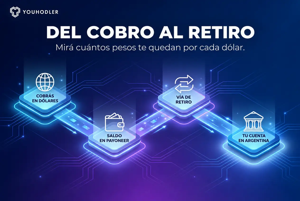 Recorrido de Payoneer: cobrás en dólares, saldo en Payoneer, elegís la vía de retiro y llega a tu cuenta en Argentina