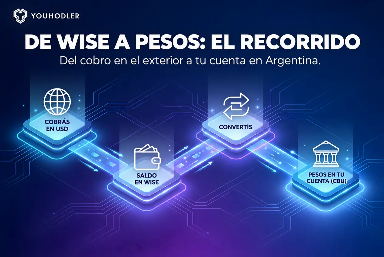 Recorrido de Wise a pesos: cobrás en USD, saldo en Wise, convertís y recibís pesos en tu cuenta bancaria (CBU)